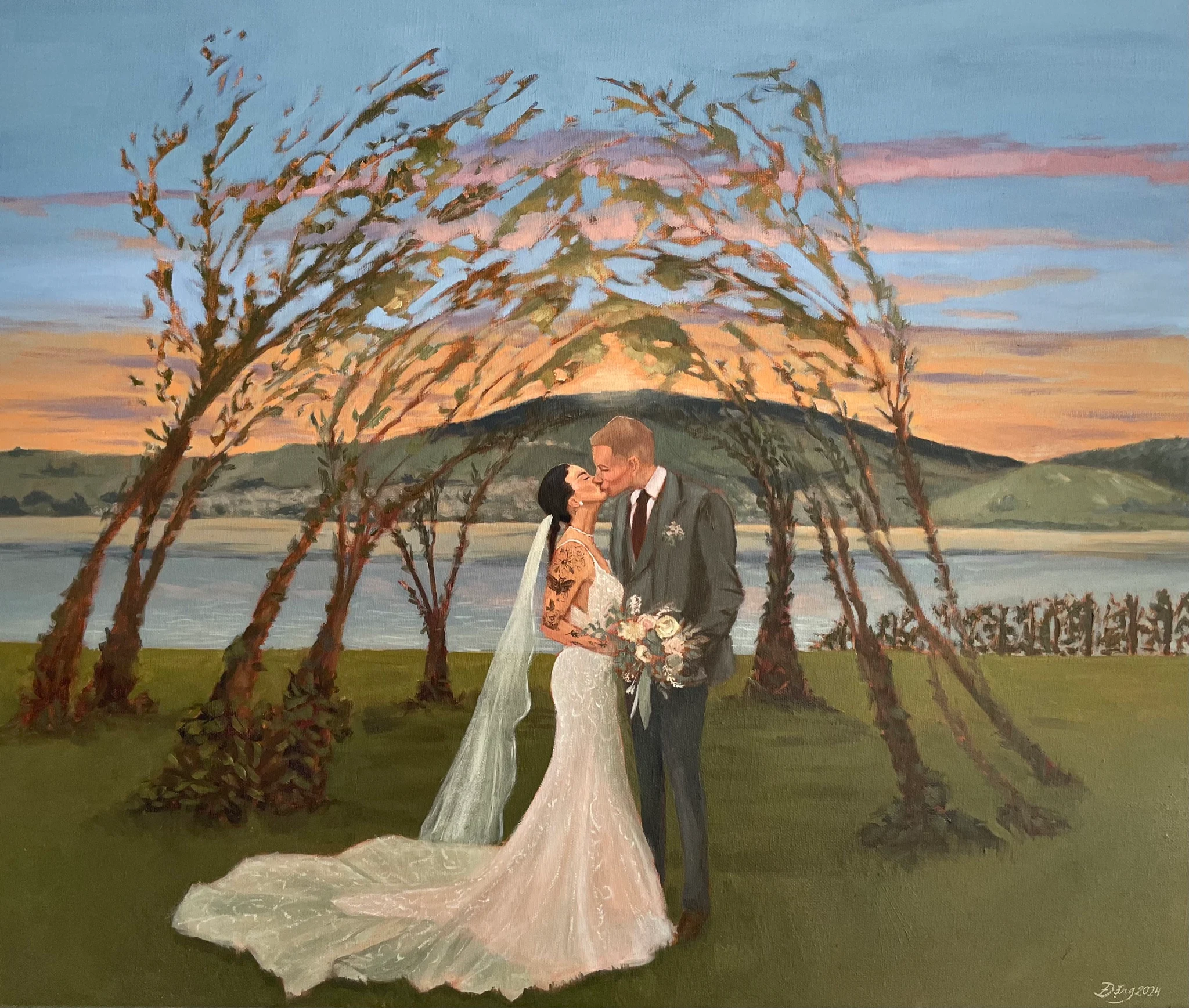 Live wedding painting of a couple’s first kiss at Moschti Stäfa on Lake Zurich, oil on canvas.