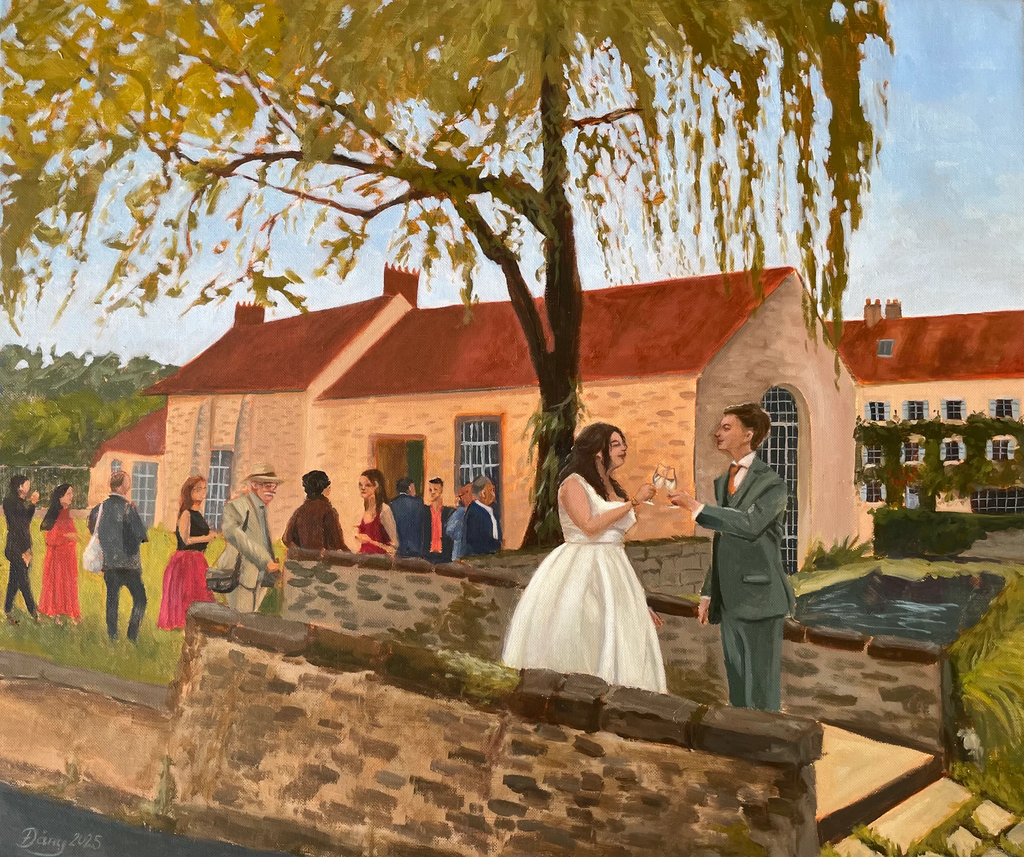 Live wedding painting of the couple raising a toast beneath a weeping willow at Moulin de Launoy in Treuzy-Levelay, Seine-et-Marne (Île-de-France): guests gathering in the golden light before the 18th-century stone mill, oil on canvas.