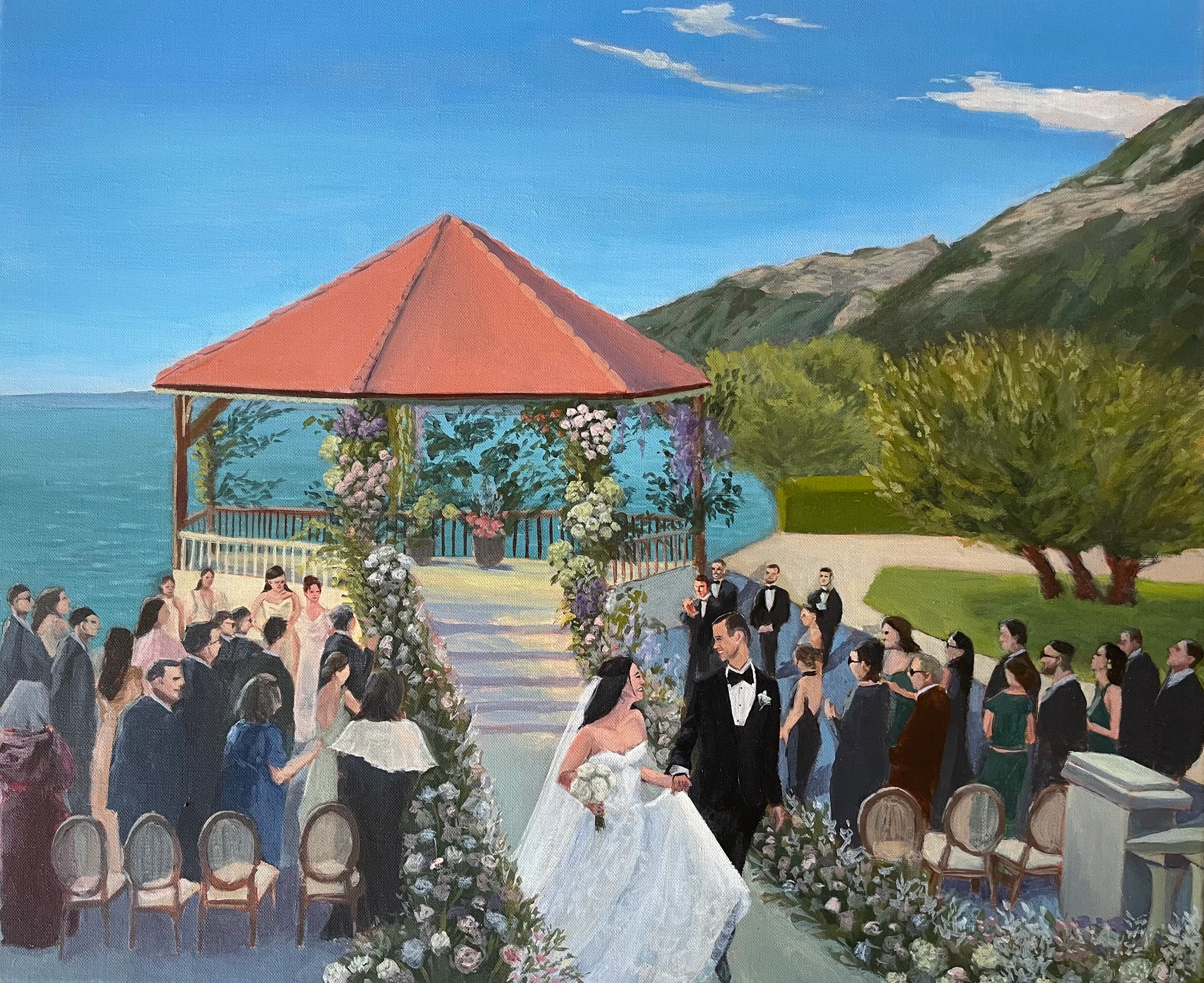 Live wedding painting of the bride and groom walking back down the aisle after their ceremony, before a red-roofed gazebo on the shore of Lake Annecy at Palace de Menthon in Menthon-Saint-Bernard, guests on both sides and mountains behind, acrylic on canvas.