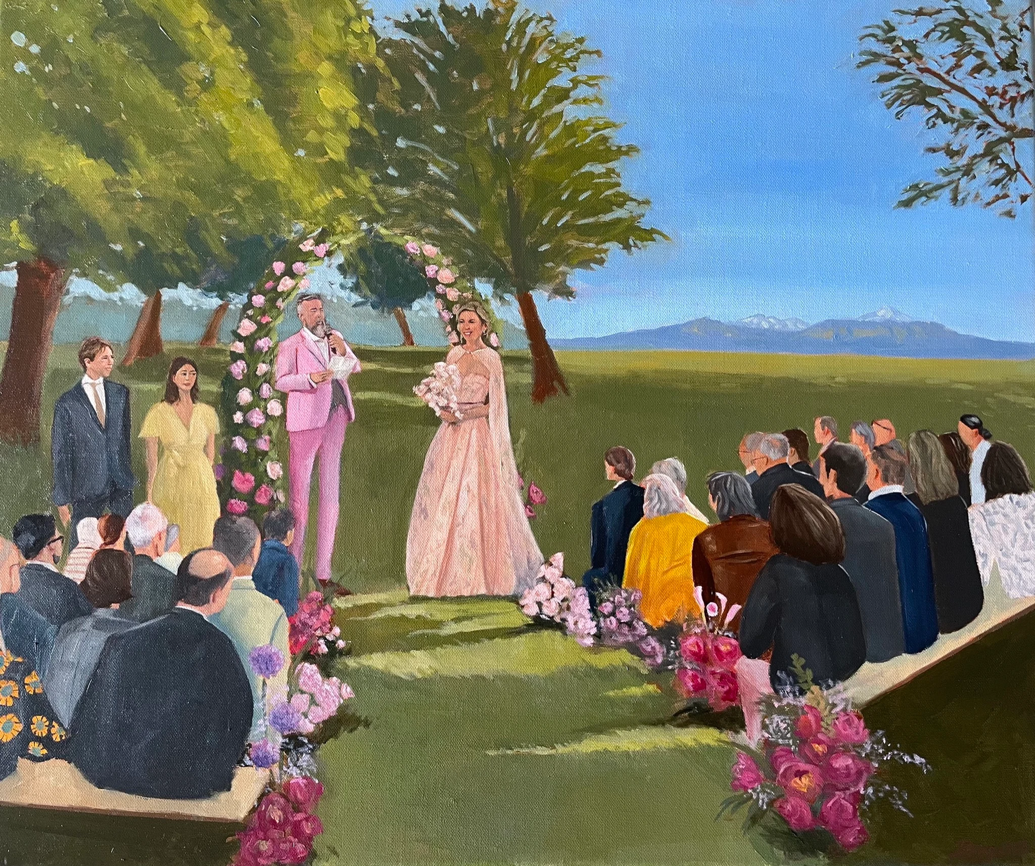Live wedding painting of an outdoor ceremony at Porte des Iris, Vullierens: the groom in a pink suit, the bride in a blush gown and guests on either side of a flower-lined aisle, oil on canvas.