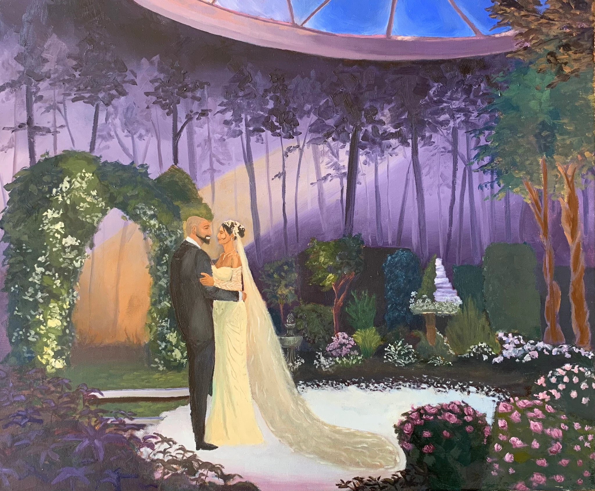 Final oil painting on canvas of a luxury wedding ceremony at The Dolder Grand by artist Khanh Linh Dang.