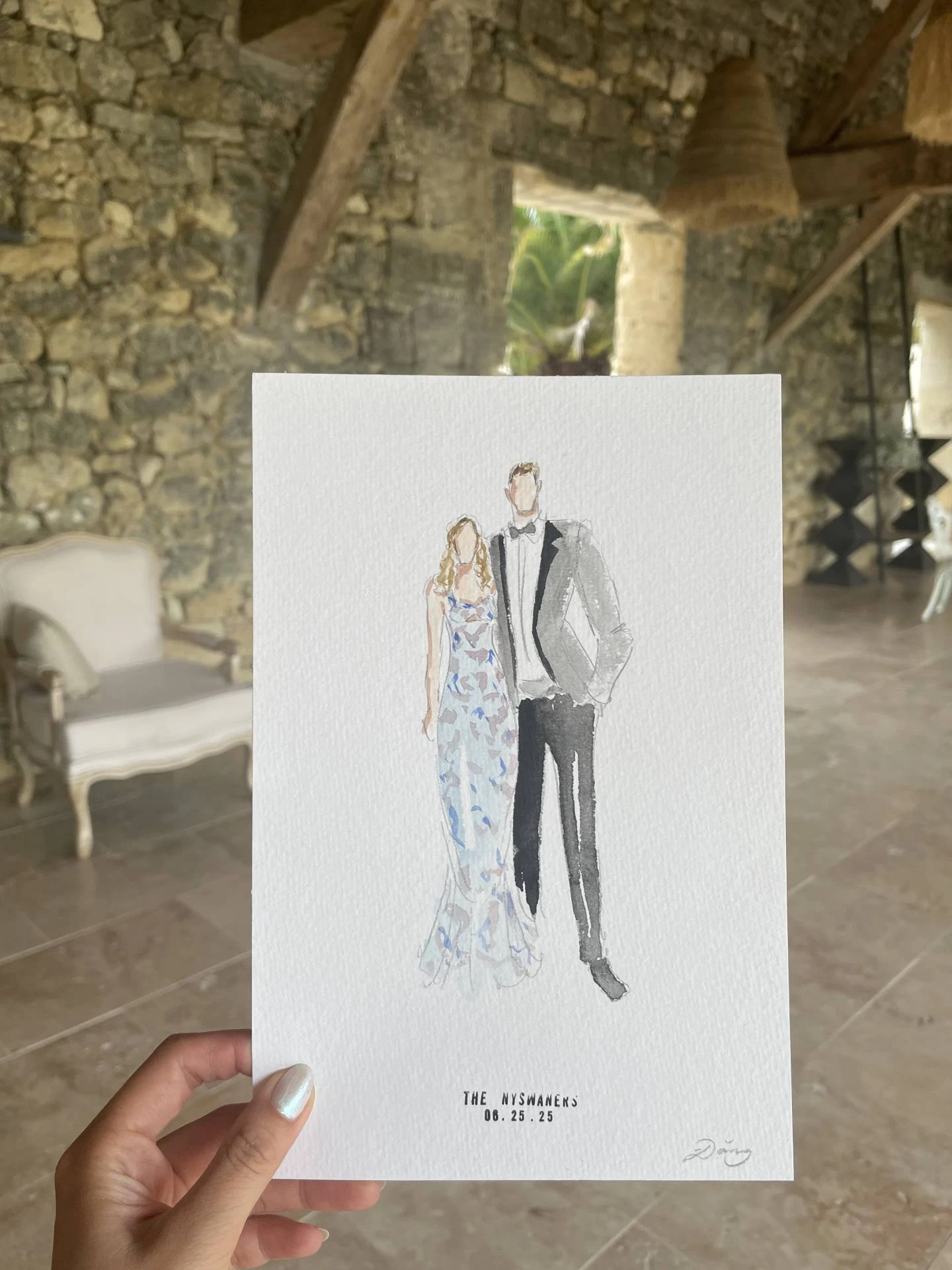 Faceless watercolor portrait of a couple — a wedding favor at Château de Garde, France.