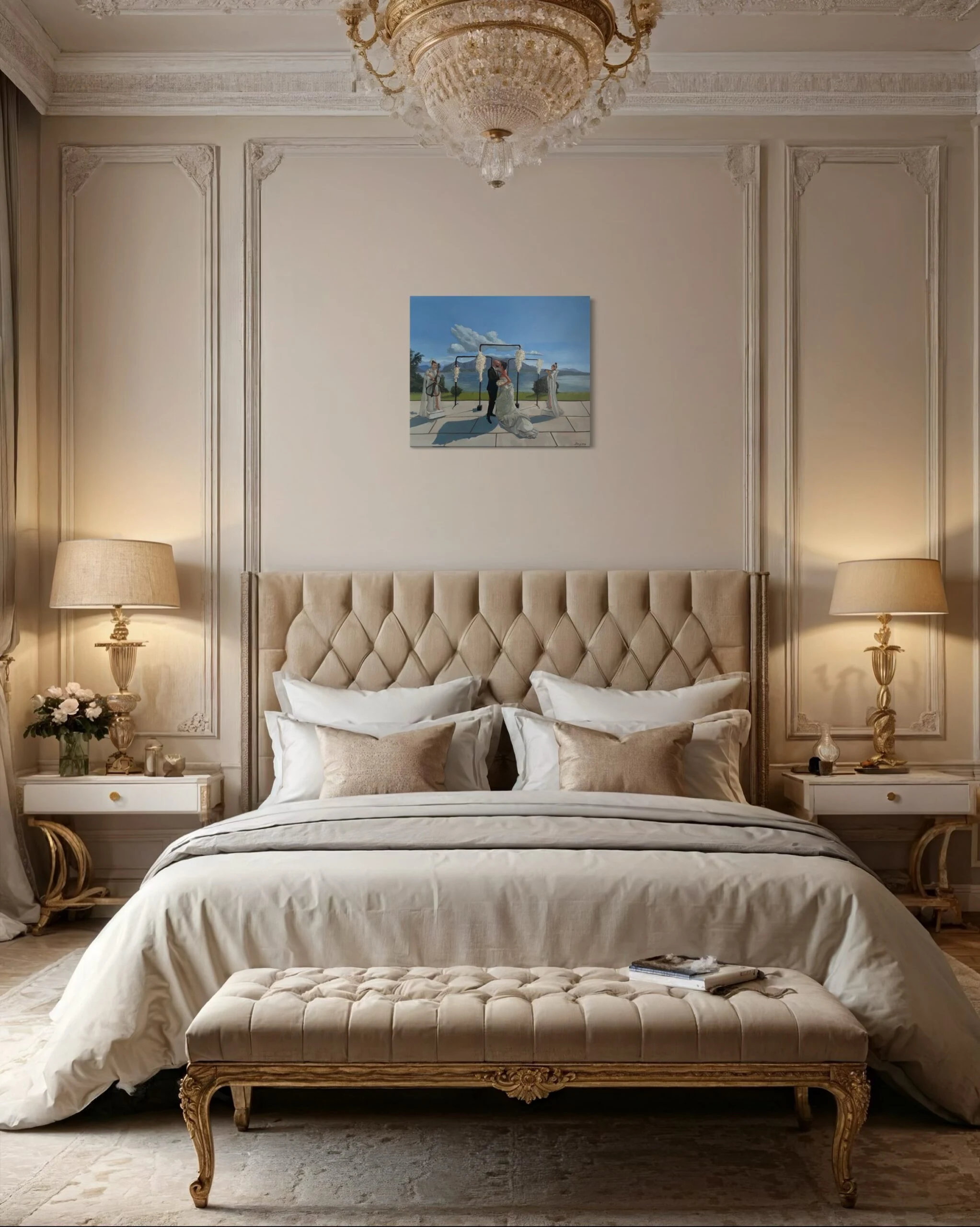 50 × 60 cm wedding painting above the bed in an elegant bedroom.