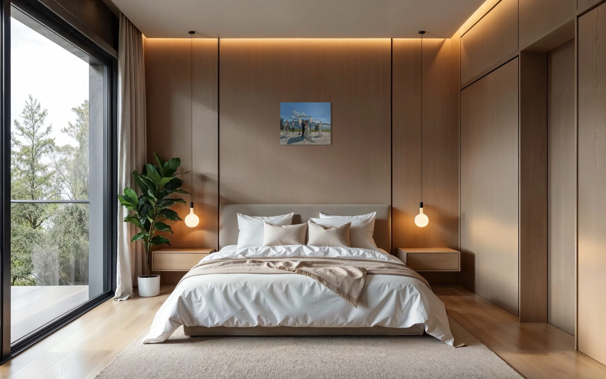 50 × 60 cm wedding painting above the bed in a calm, minimal bedroom.