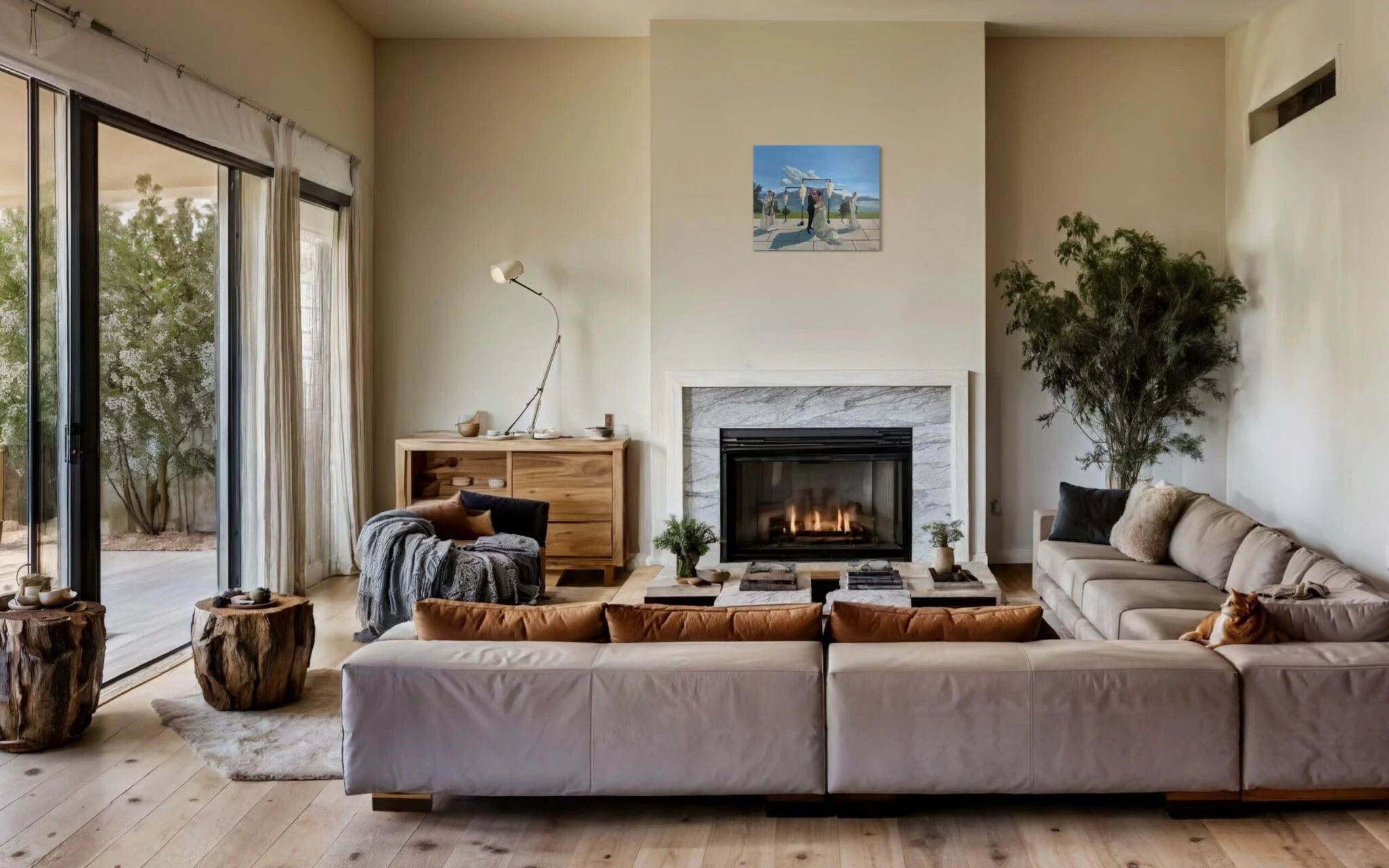 50 × 60 cm wedding painting above the fireplace in a clean, minimal living room.