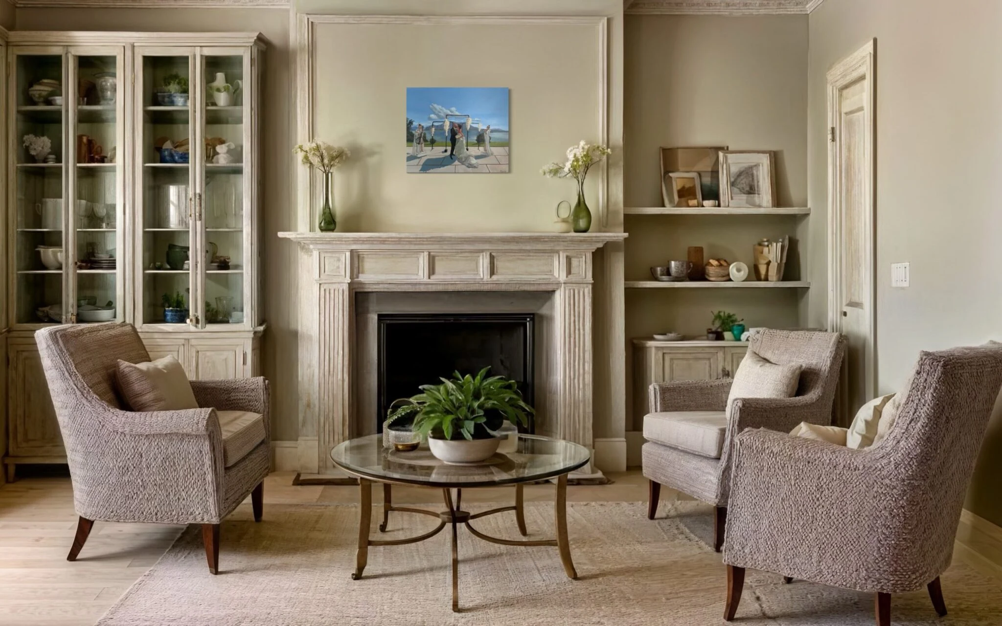 50 × 60 cm wedding painting above the fireplace in a warm-toned living room.