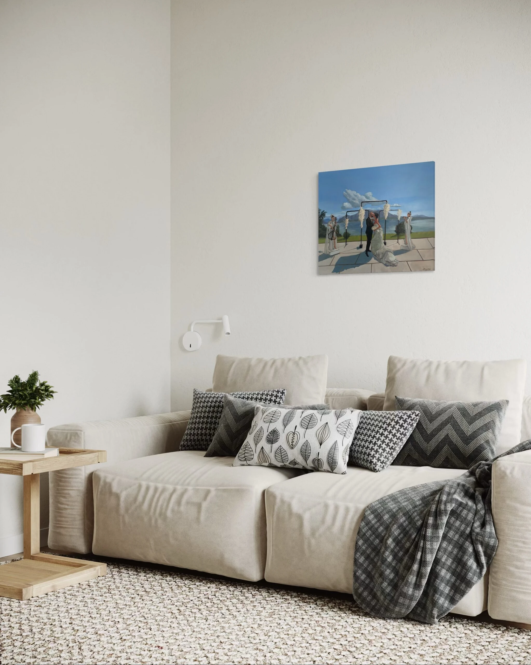 50 × 60 cm wedding painting in a bright living room, angled view.