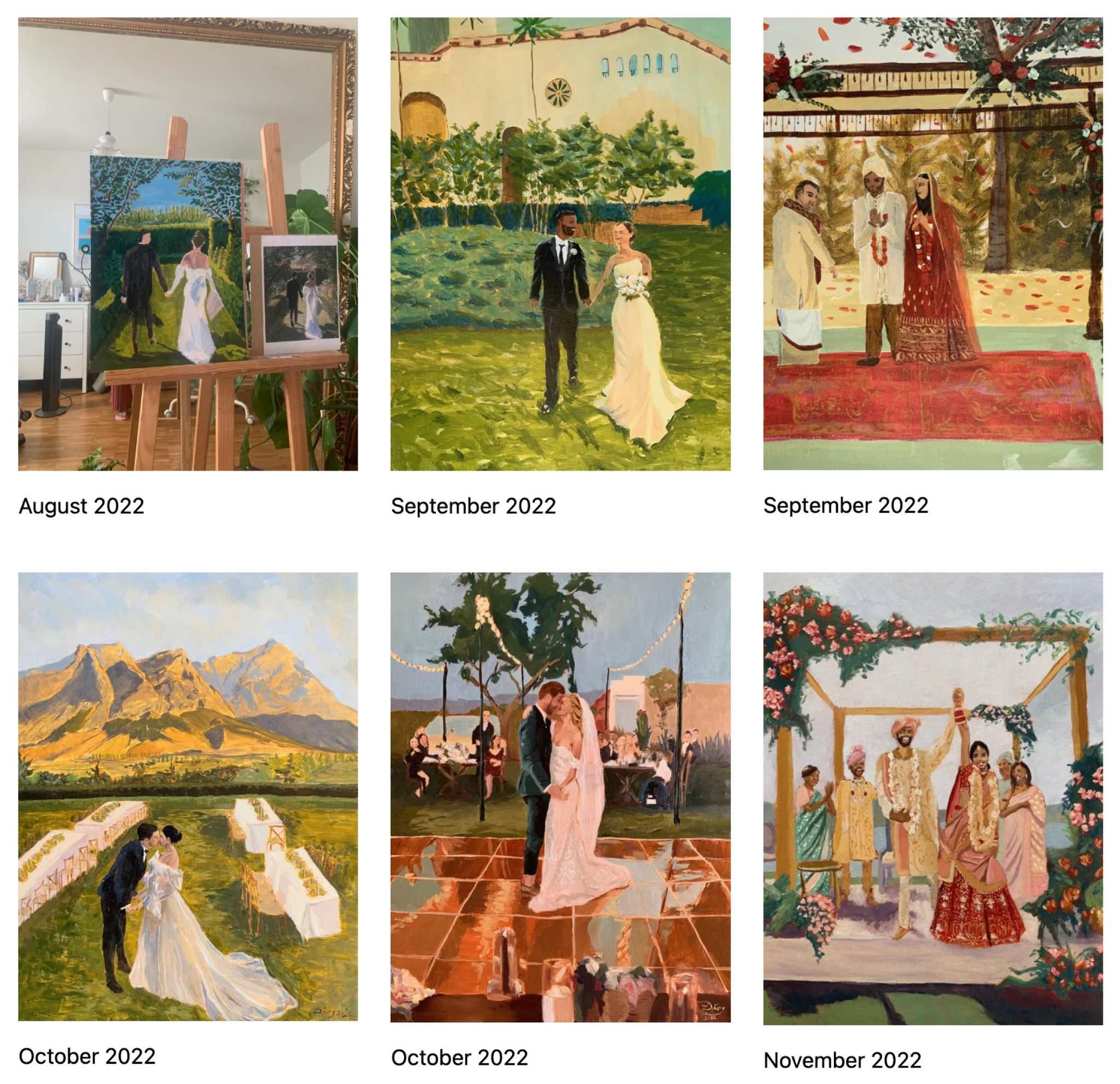 Comparison of wedding painting skills evolution during a 3-month intensive portfolio building period.