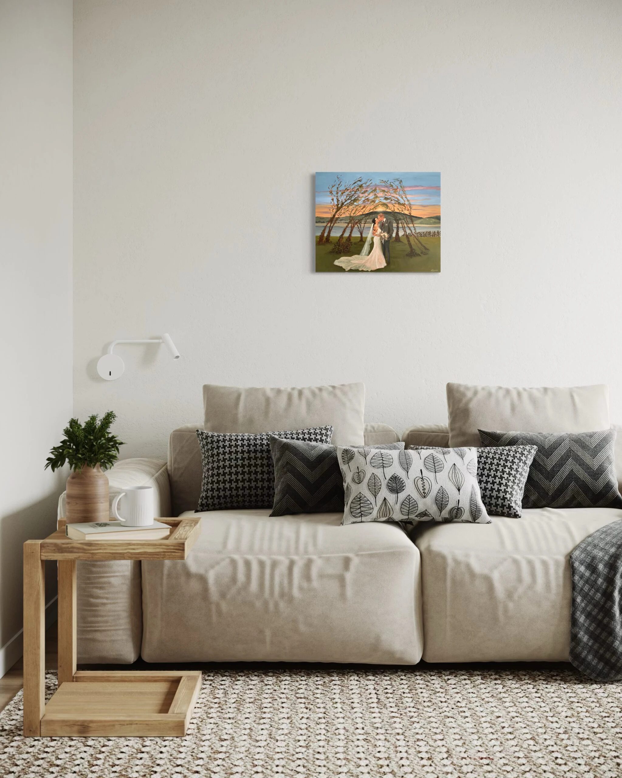 40 × 50 cm wedding painting in a bright living room, straight-on view.
