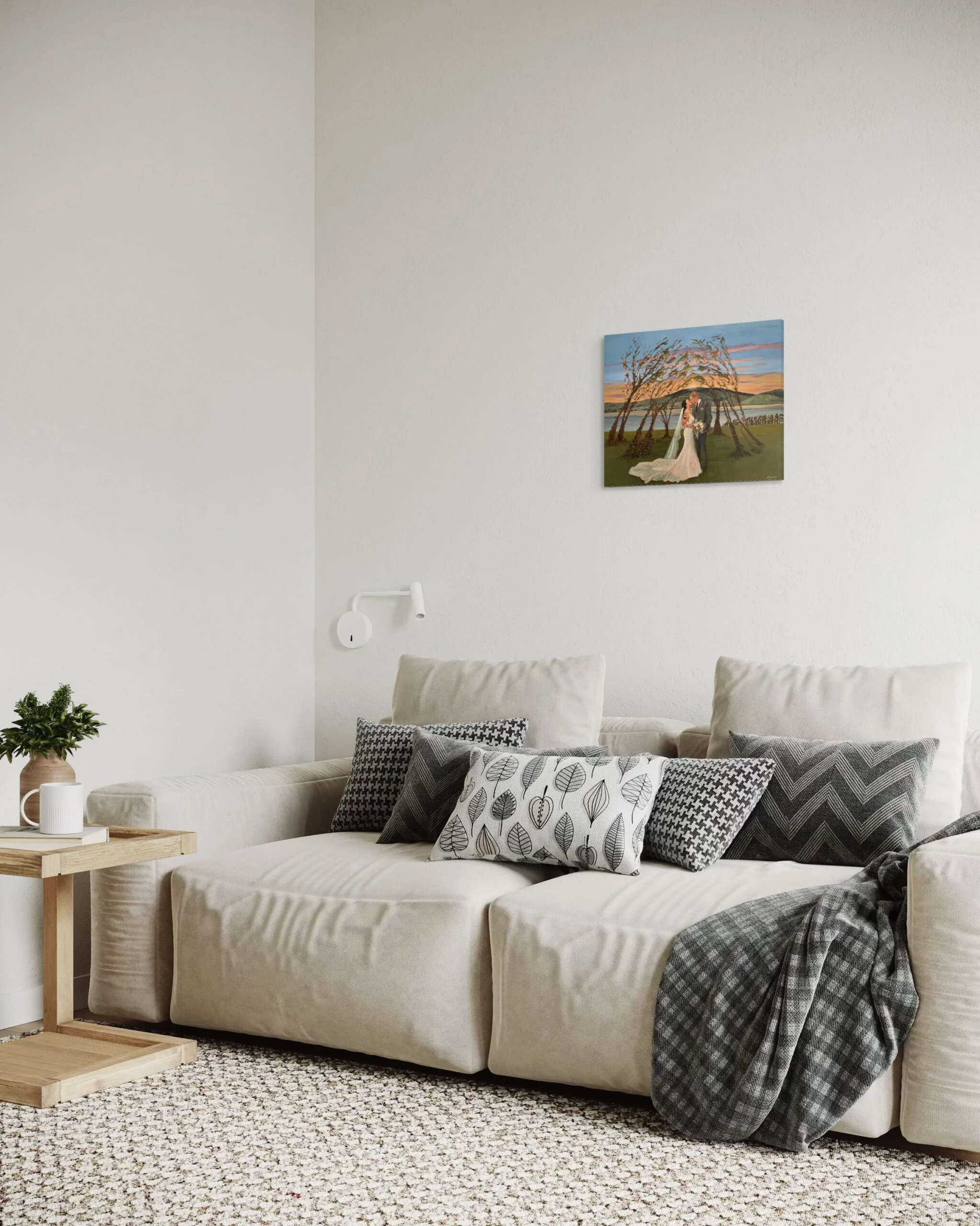 40 × 50 cm wedding painting in a bright living room, angled view.