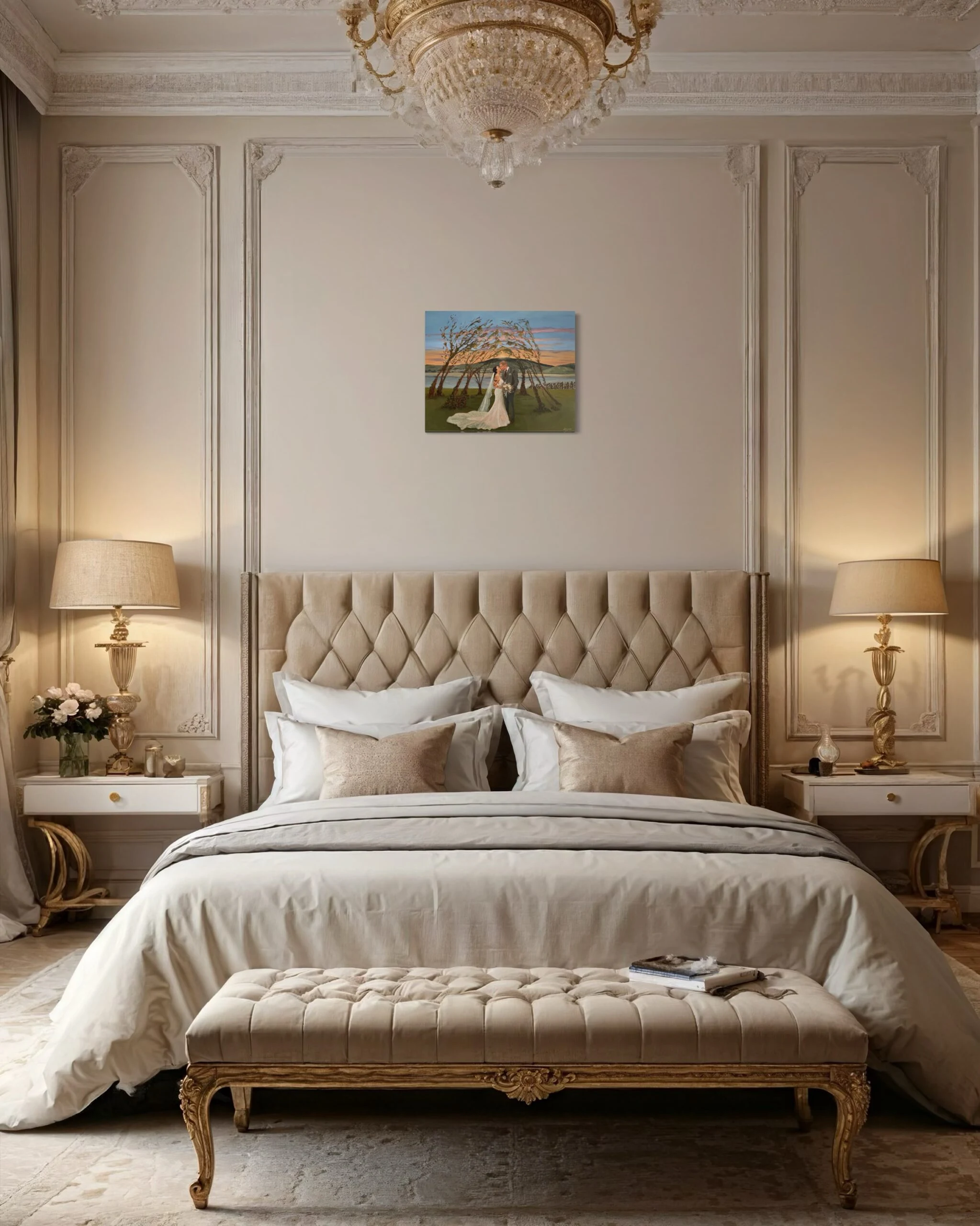 40 × 50 cm wedding painting above the bed in an elegant bedroom.