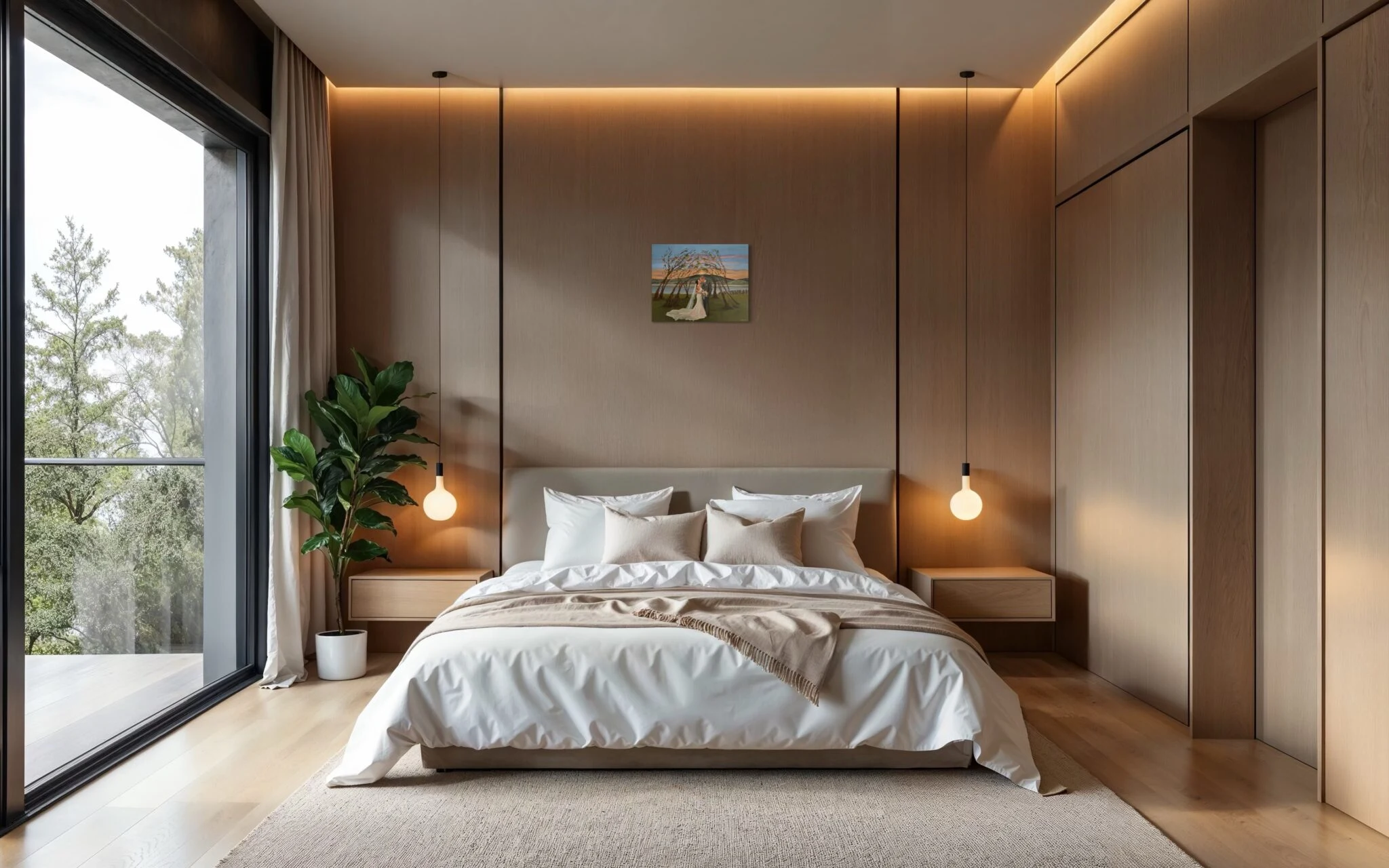 40 × 50 cm wedding painting above the bed in a calm, minimal bedroom.