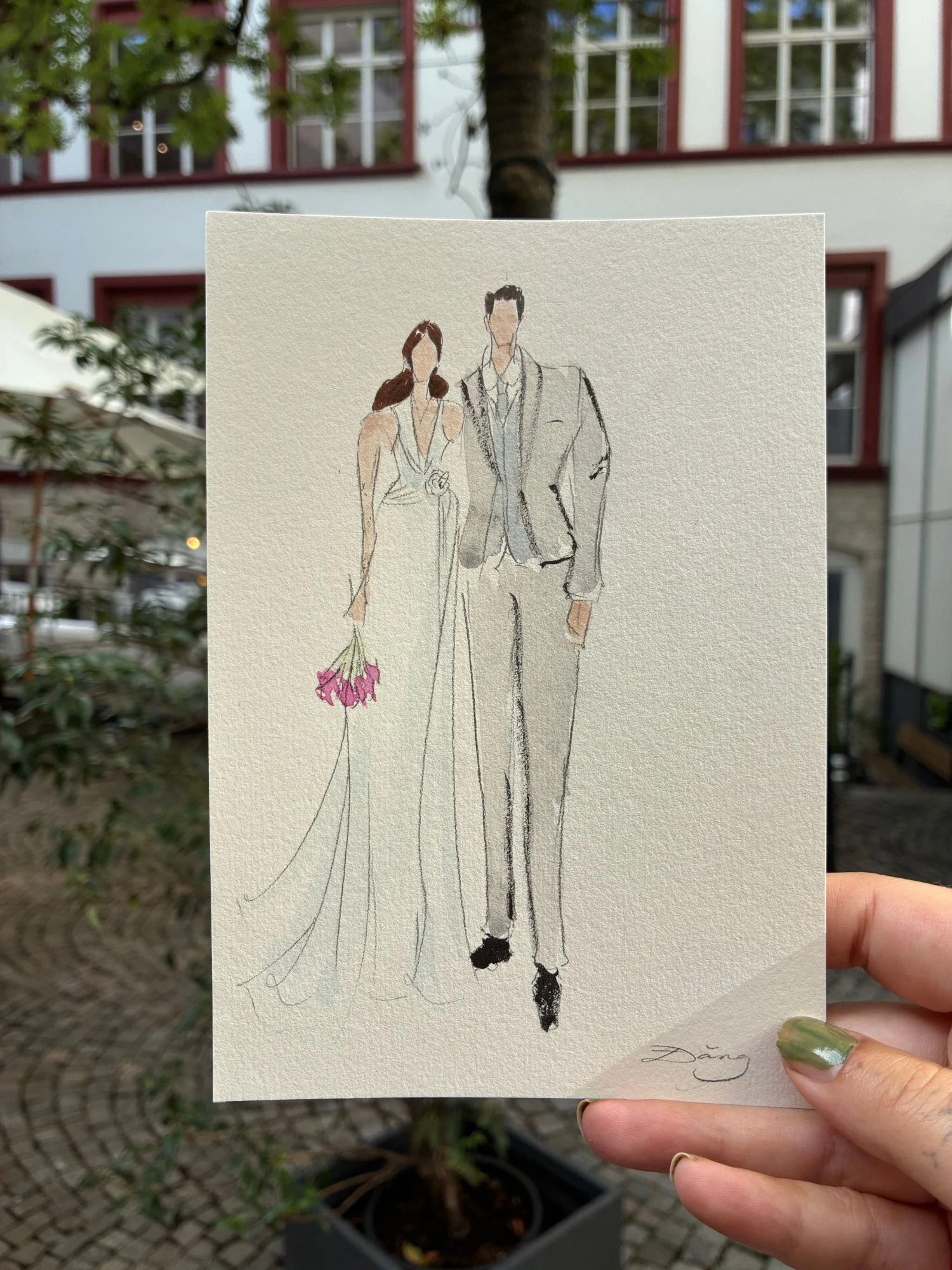 Live watercolor fashion sketch of the bride and groom at a civil wedding in Basel, the bride holding pink calla lilies.