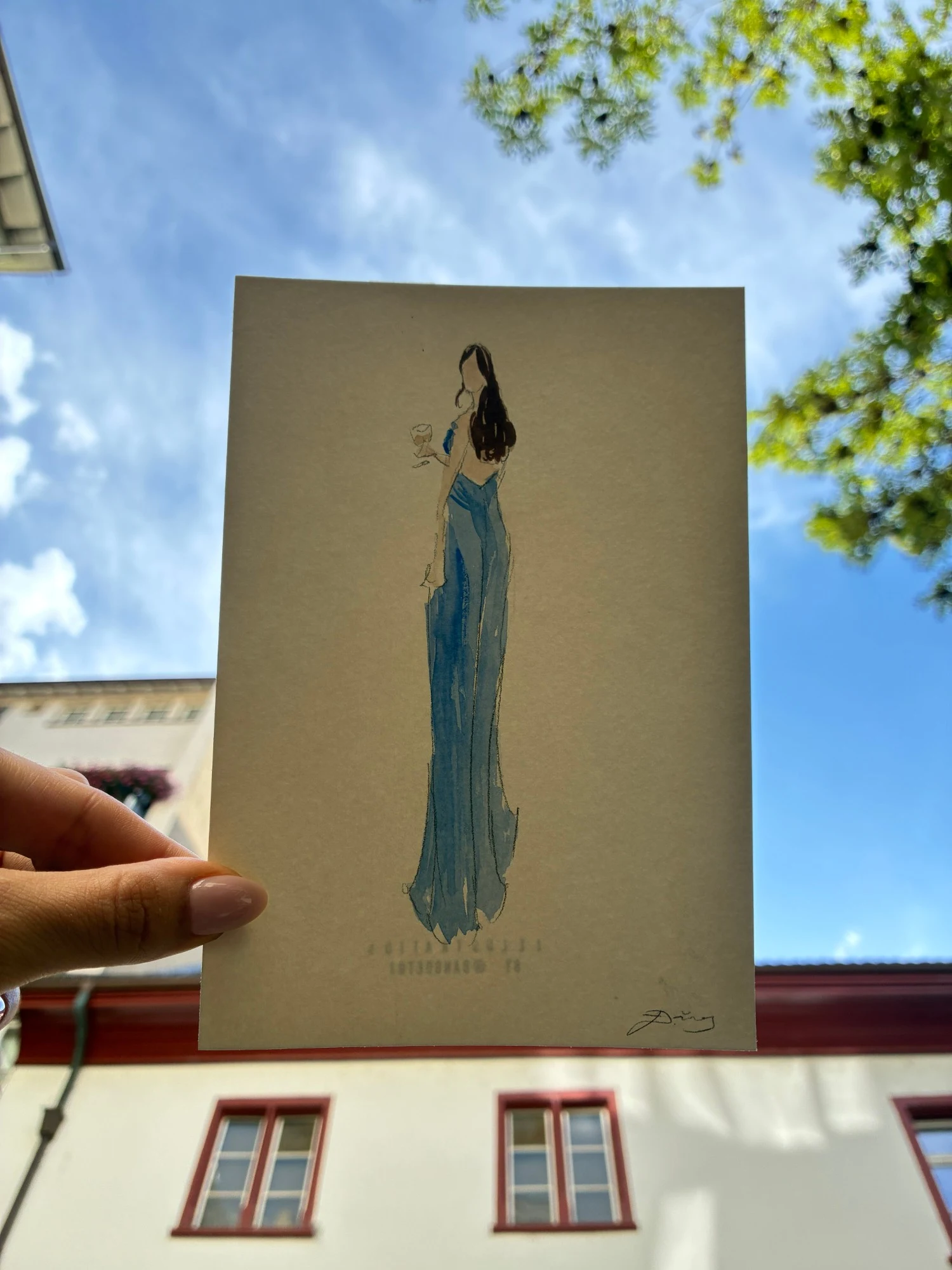 Live watercolor fashion sketch of a guest in a backless blue gown with a glass of wine, civil wedding in Basel.