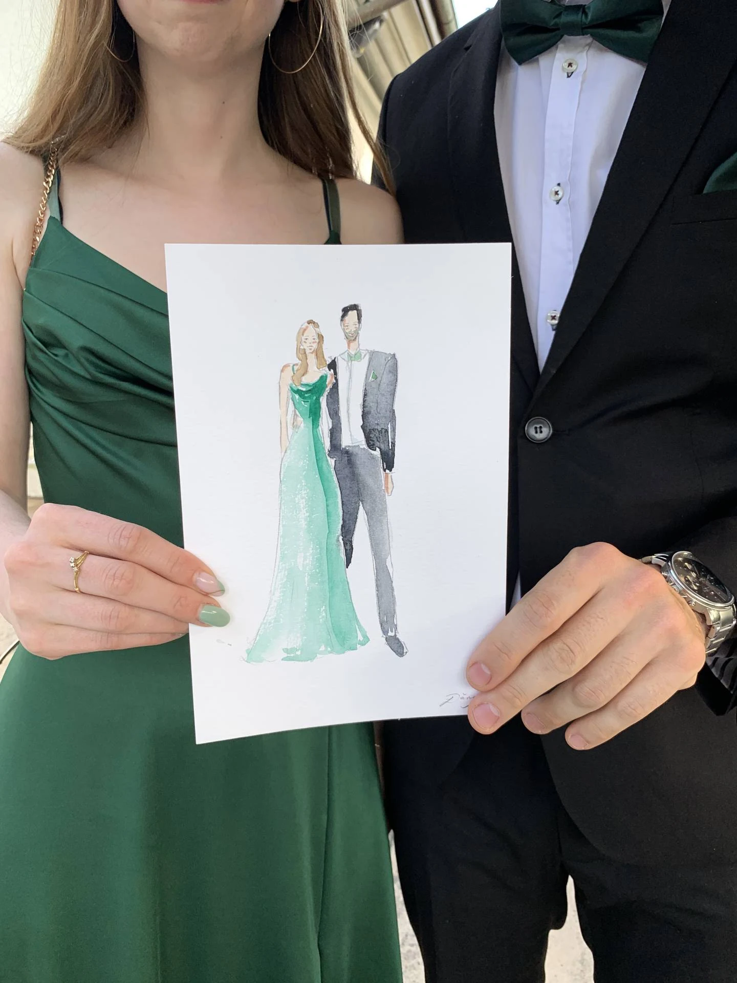 Live watercolor portrait of a couple with faces, Pont de Thielle, Bern.