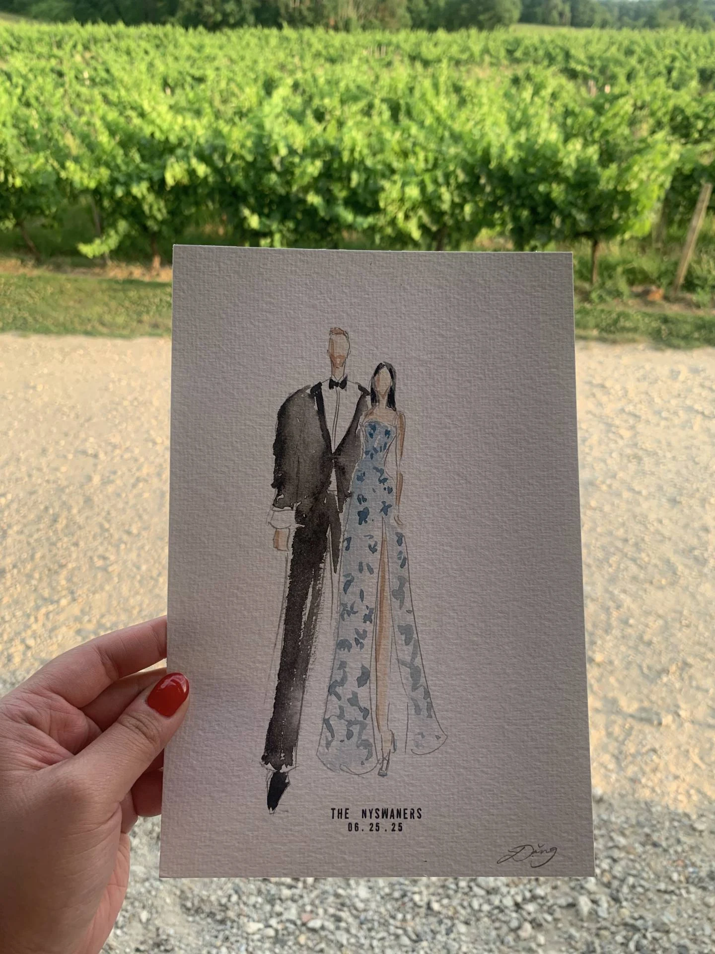 Faceless watercolor portraits of wedding guests, Château de Garde, France.