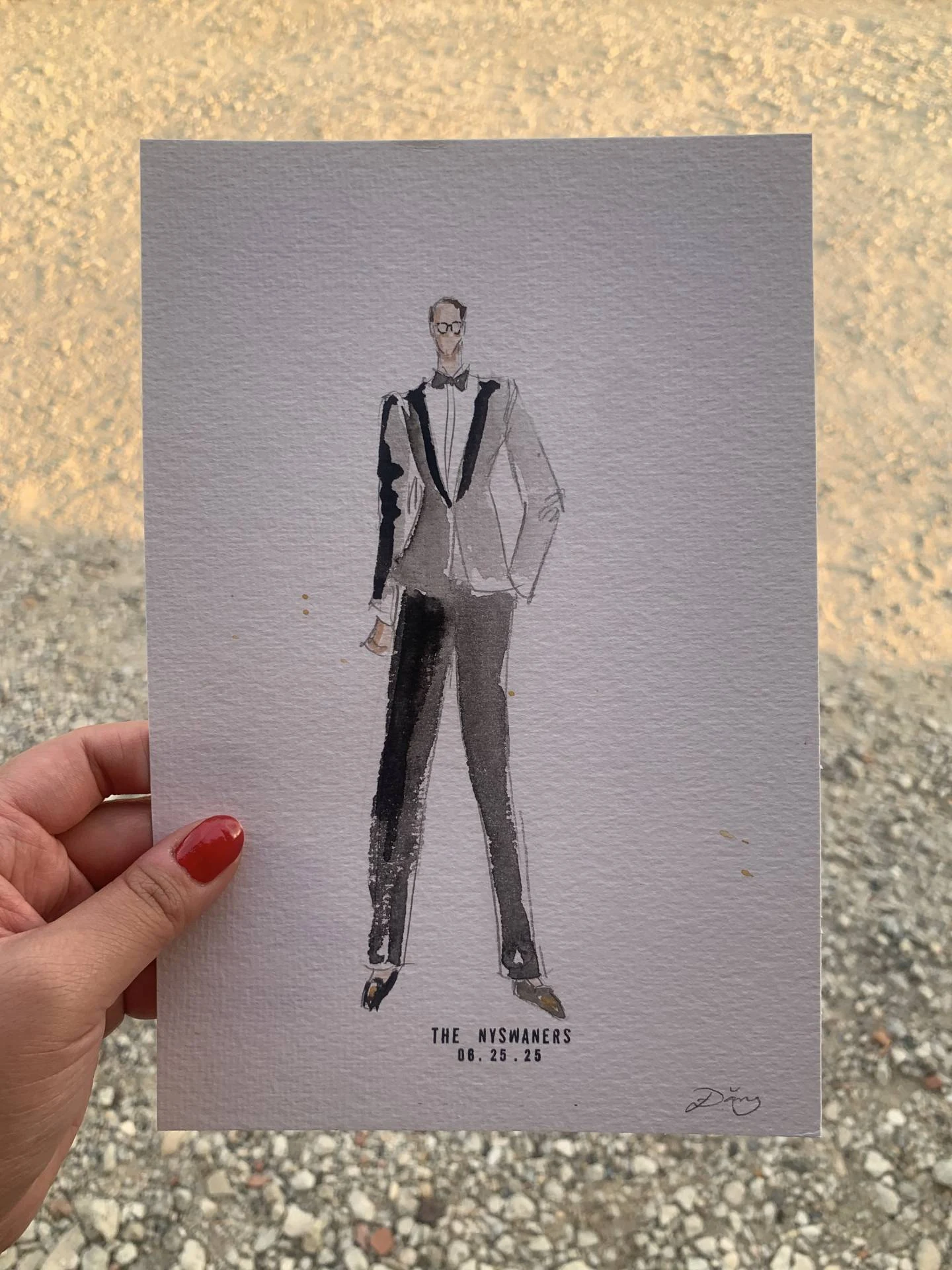 Faceless watercolor portrait of a wedding guest, Château de Garde, France.