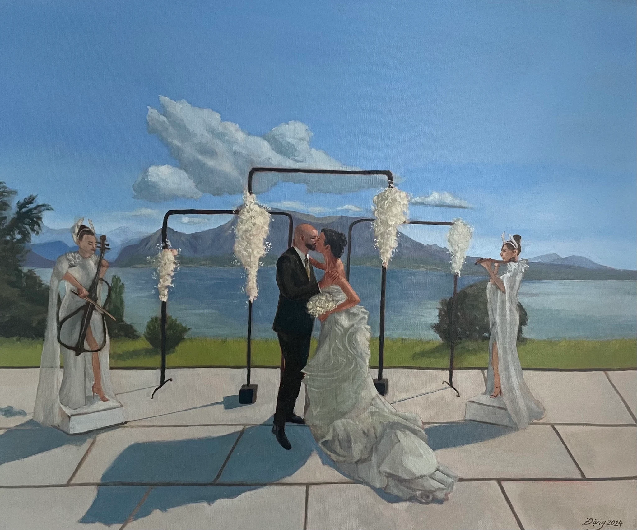 Oil painting of a bride and groom kissing on the terrace of Hôtel Préalpina, Lake Geneva, with musicians on each side.
