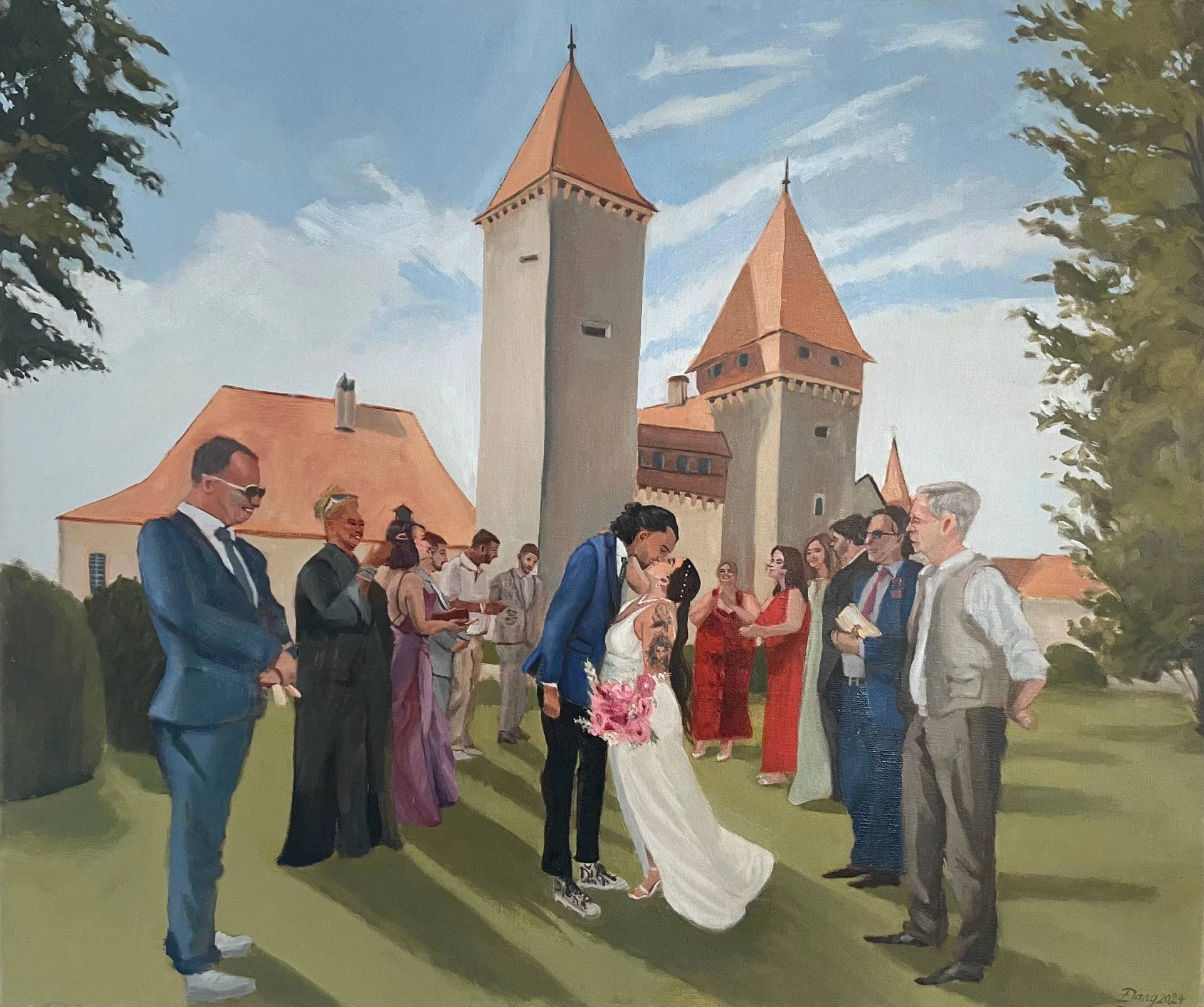 Bride and groom kissing, surrounded by friends, at Château de La Sarraz, Vaud — live oil painting.